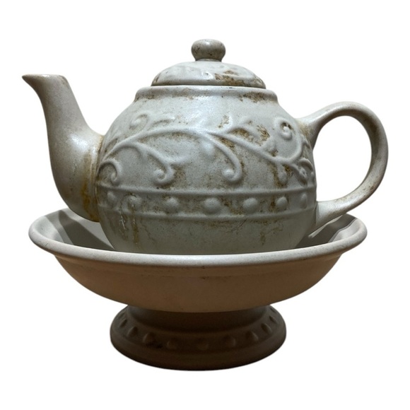 Vintage Ceramic Pottery Bowl & Accompanying Glazed Vine Design Tea Pot - Picture 1 of 6